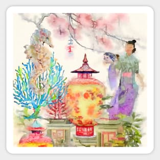 Chinoiserie landscape with seahorse watercolor painting Sticker